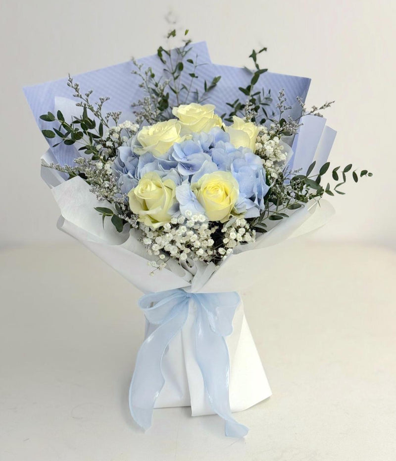 Signature Blue Hydrangea Bouquet - White Roses